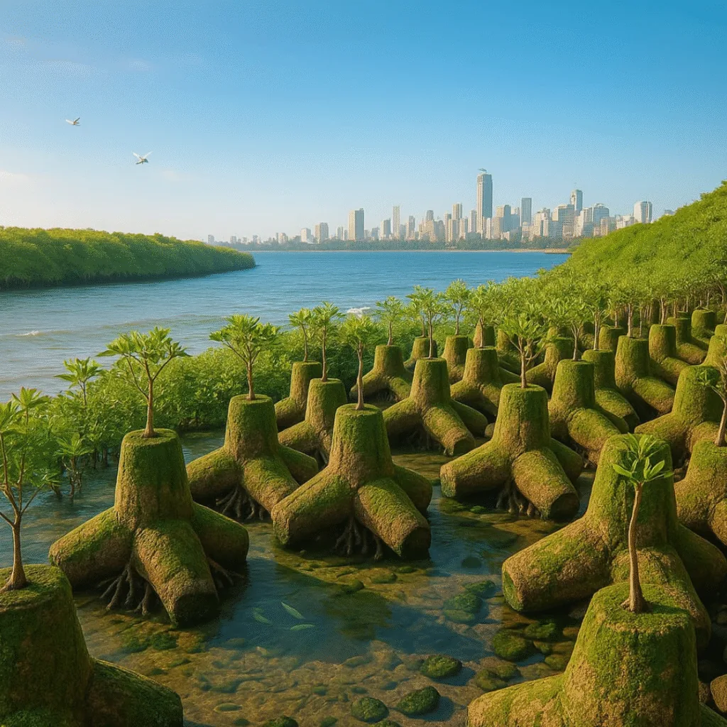 Nature-integrated coastal barriers supporting mangrove growth