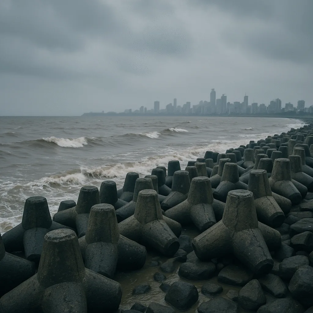 Conventional concrete coastal barriers beside a grey urban shoreline