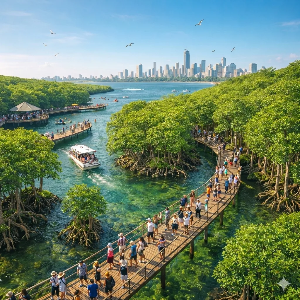 Regenerated mangrove coastline with community access and healthy blue water